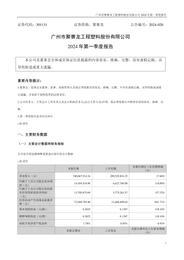 聚赛龙：2024年一季度