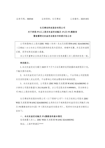 长芯博创:长芯博创科技股份有限公司关于持股5%以上股东权益变动触及1%及5%整数倍暨披露简式权益变动