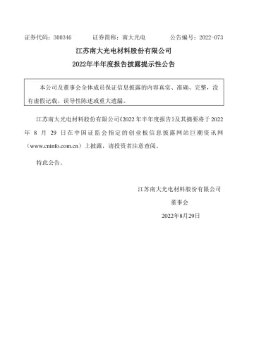南大光电：2022年半年度