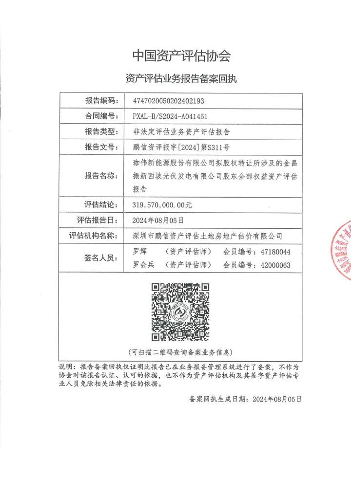 珈伟新能：珈伟新能源股份有限公司拟股权转让所涉及的金昌振新西坡光伏发电有限公司股东全部权益资产评估