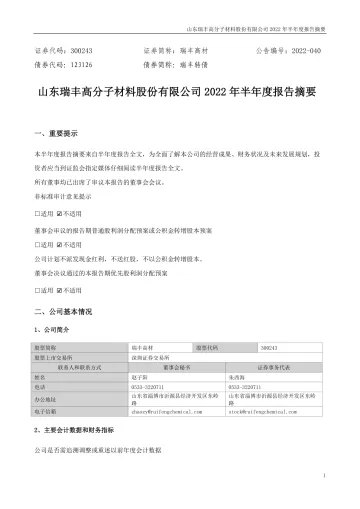 瑞丰高材：2022年半年度
