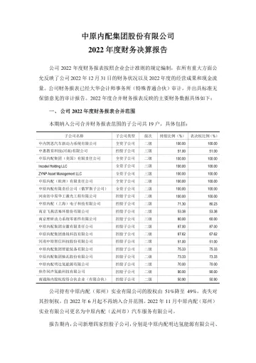 中原内配：2022年度财务决算