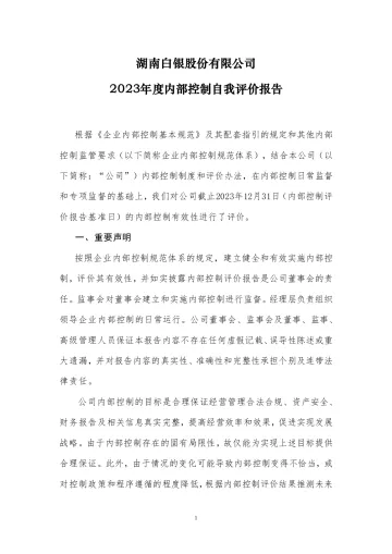 湖南白银：2023年内控自我评价