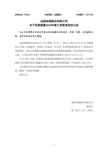 远程股份：关于延期披露2024年第三季度