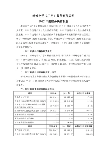 维峰电子：2022年度财务决算