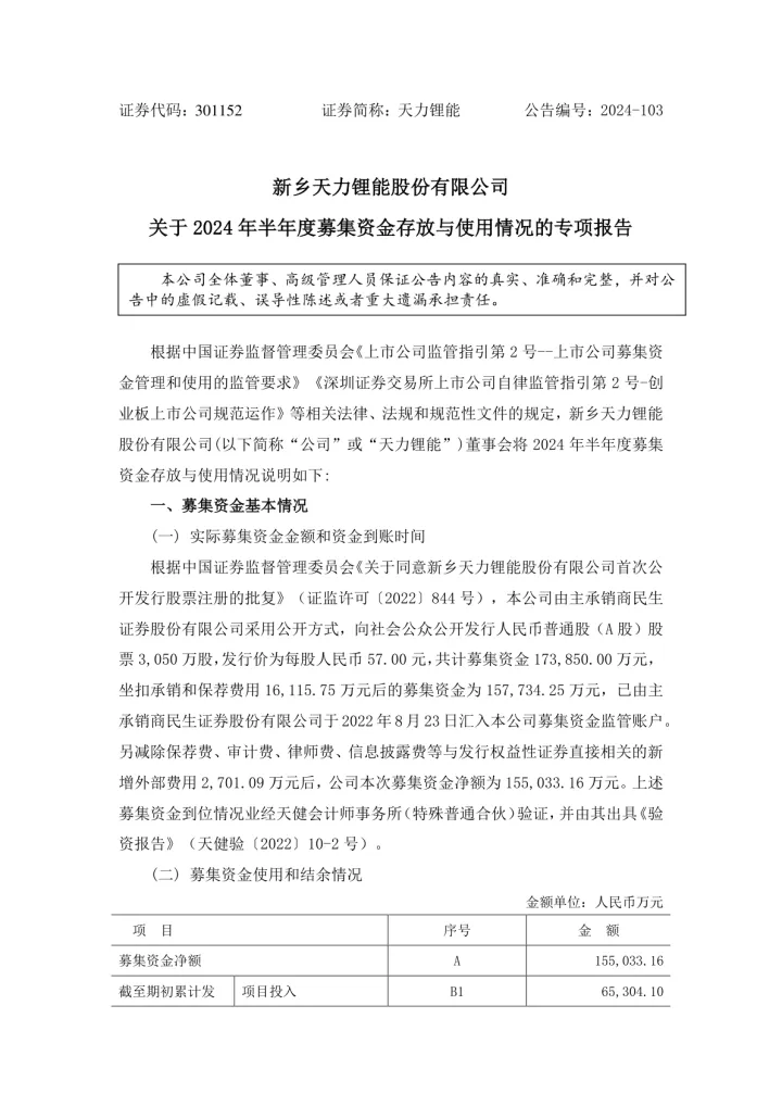 天力锂能：关于2024年半年度募集资金存放与使用情况的专项