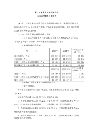 双箭股份：2023年度财务决算