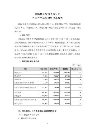 富临精工：2022年度财务决算