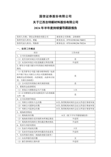志特新材：国信证券关于江西志特新材料股份有限公司2024年半年度持续督导跟踪