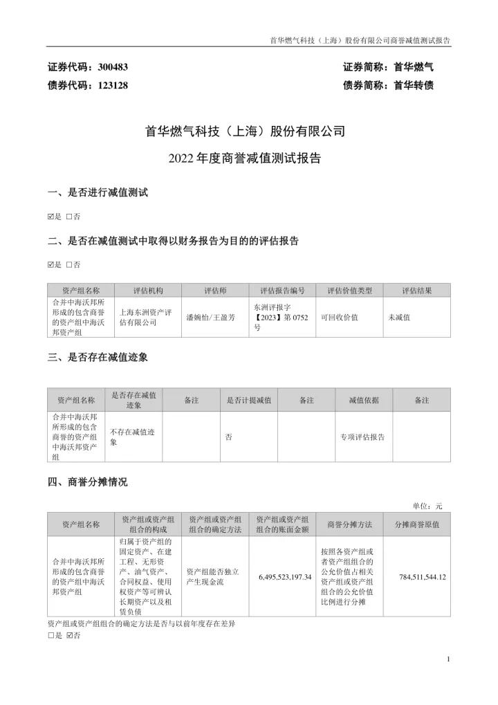 首华燃气：2022年度商誉减值测试