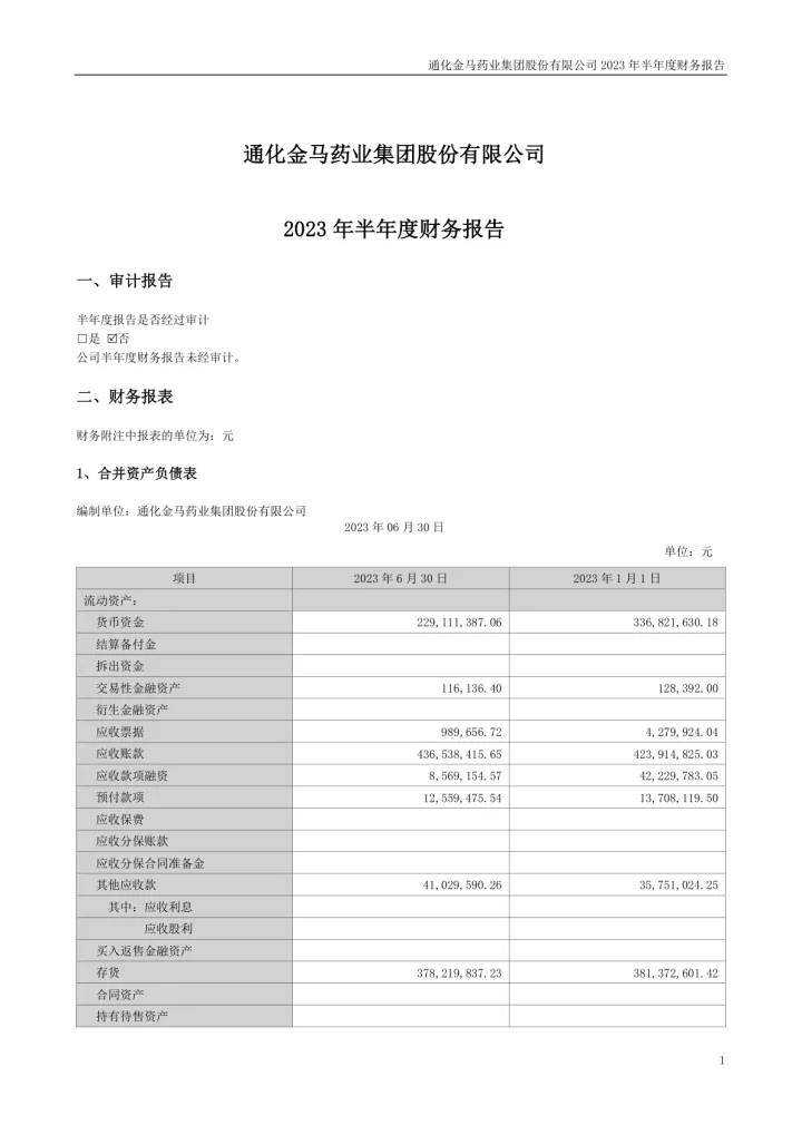 通化金马：2023年半年度财务