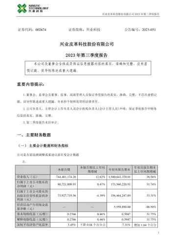 兴业科技：2023年三季度