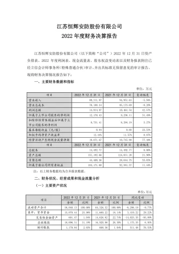 恒辉安防：2022年度财务决算