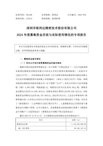 铭利达：2024年度募集资金存放与实际使用情况的专项