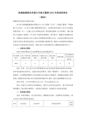 胜通能源：独立董事2023年度述职