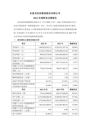 东富龙：2022年财务决算