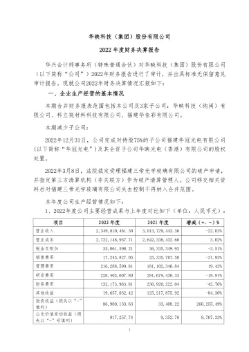 华映科技：公司2022年度财务决算