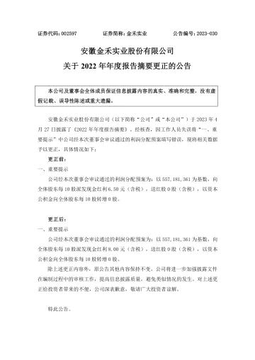 金禾实业：关于2022年年度