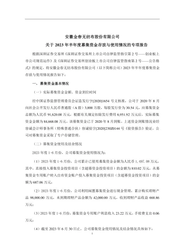 金春股份：关于2023年半年度募集资金存放与使用情况的专项