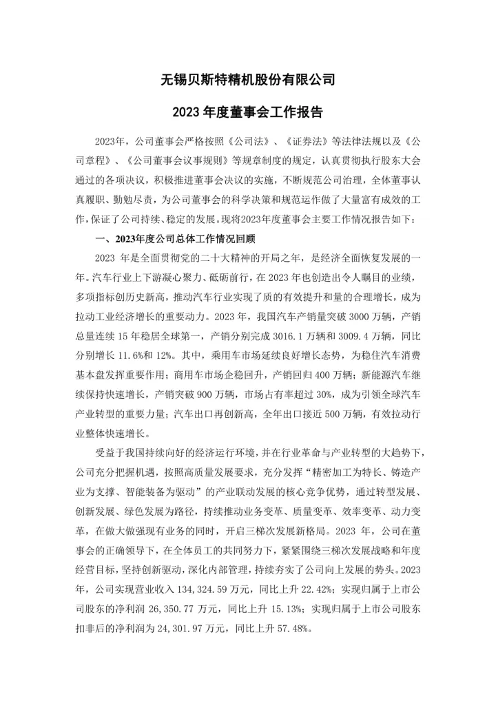 贝斯特：2023年度董事会工作
