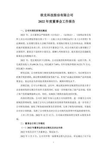 欧克科技：2022年度董事会工作