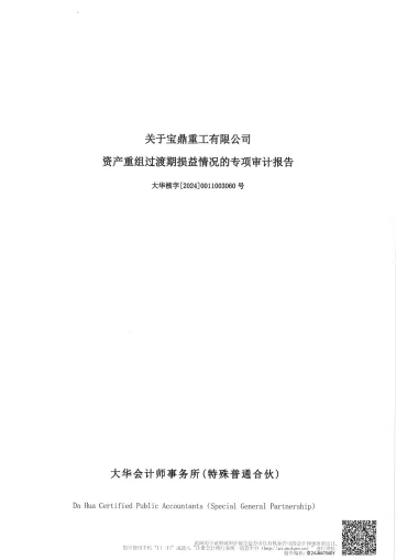 宝鼎科技：关于宝鼎重工有限公司资产重组过渡期损益情况的专项审计