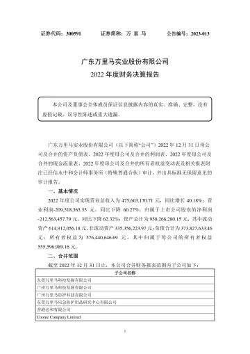 万里马：2022年度财务决算