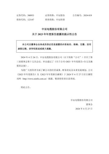 中辰股份：关于2023年年度