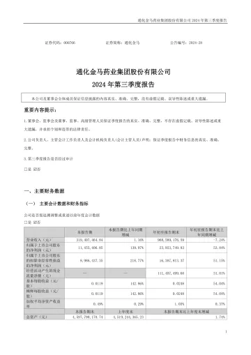 通化金马：2024年三季度