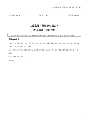 宝馨科技：2024年一季度