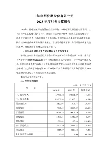 中航电测：2023年度财务决算