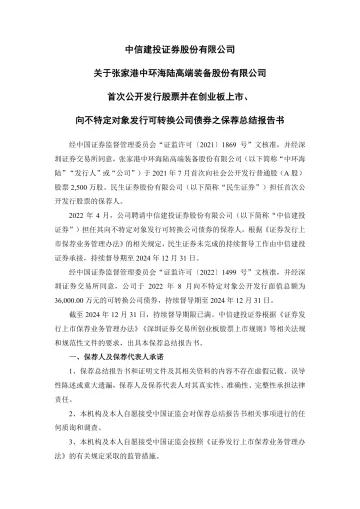 中环海陆:中信建投证券股份有限公司关于张家港中环海陆高端装备股份有限公司首次公开发行股票并在创业板上市、向不特定对象发行可转换公司债券之保荐总结