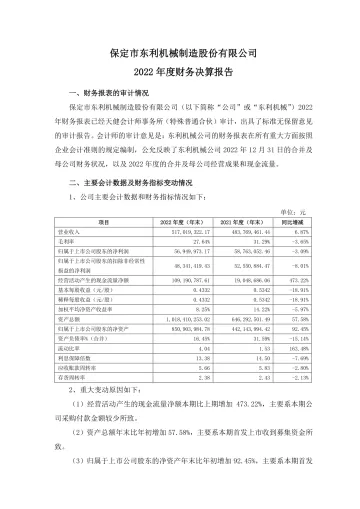 东利机械：2022年度财务决算