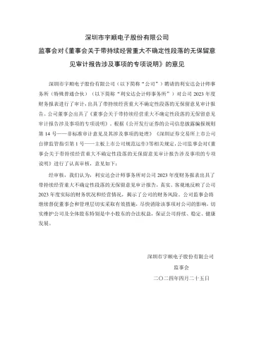 ST宇顺:监事会对《董事会关于带持续经营重大不确定性段落的无保留意见审计