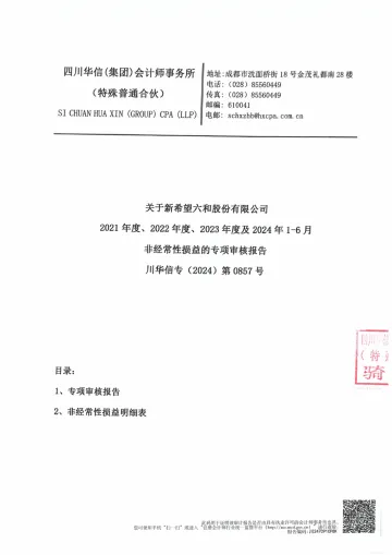 新 希 望:关于公司2021年度、2022年度、2023年度及2024年1-6月非经常性损益的专项审核