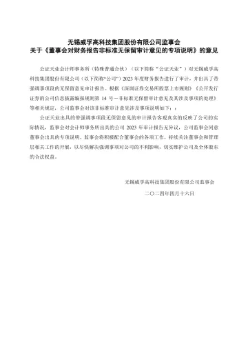 威孚高科：监事会关于《董事会对财务