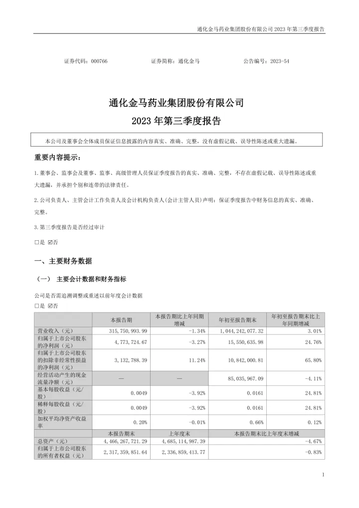 通化金马：2023年三季度