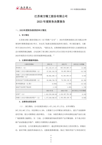 南方精工：2023年度财务决算
