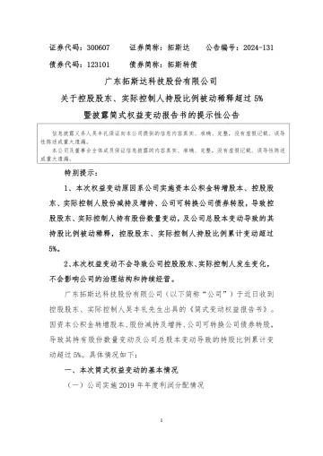 拓斯达:关于控股股东、实际控制人持股比例被动稀释超过5%暨披露简式权益变动
