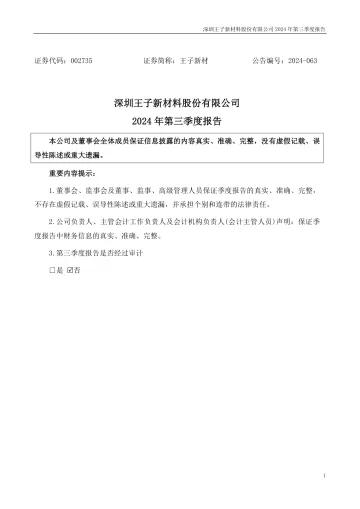 王子新材：2024年三季度