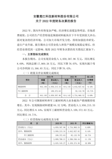 楚江新材：关于2022年度财务决算的