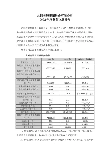 达刚控股：2022年度财务决算