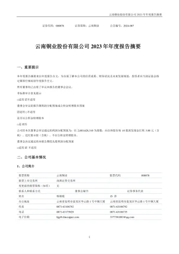 云南铜业：2023年年度