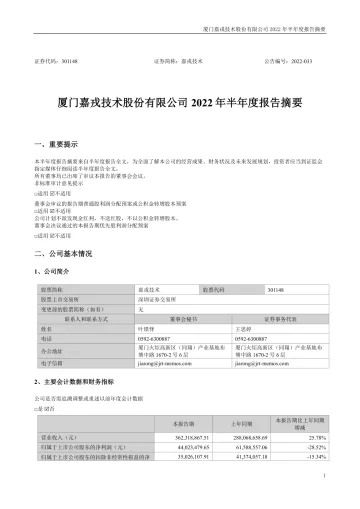 嘉戎技术：2022年半年度