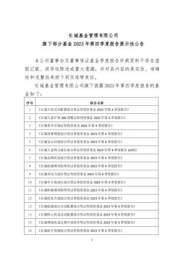 长城久富LOF：长城基金管理有限公司旗下部分基金2023年第四季度