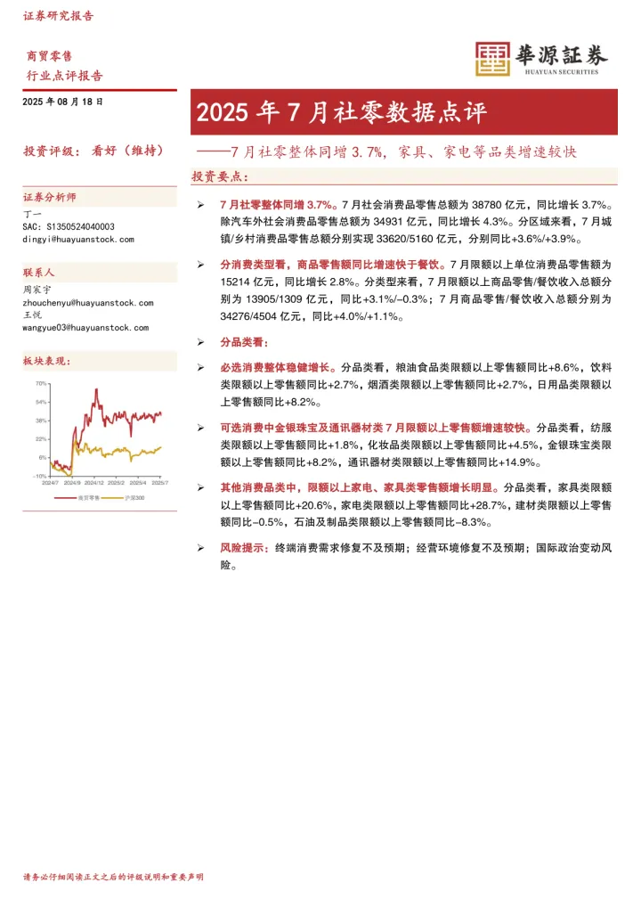 017家电行业报告075份2025年09月更新_20250818-华源2025年7月社零数据点评：7月社零整体同增3.7%，家具、家电等品类增速较快