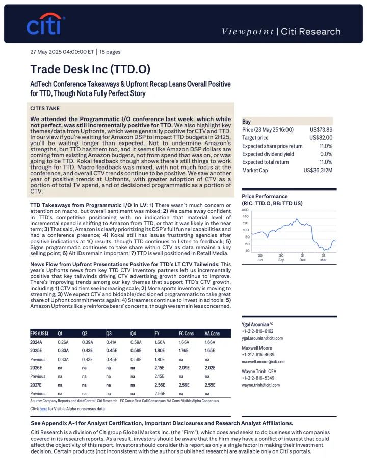 202506月更新-贸易桌面公司(TTD):Trade Desk公司(TTD.O):广告技术会议要点及前期回顾总体对TTD有利,尽管并非完美