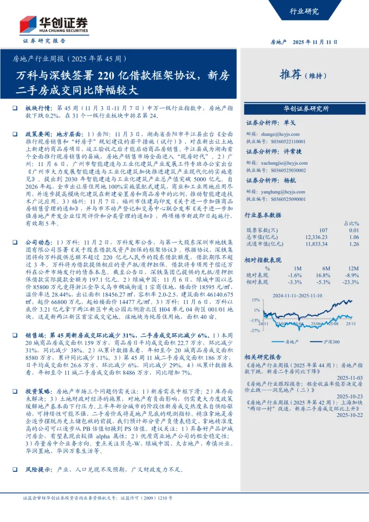 2025年11月12日更新-【华创证券】房地产行业周报（2025年第45周）：万科与深铁签署220亿借款框架协议，新房二手房成交同比降幅较大