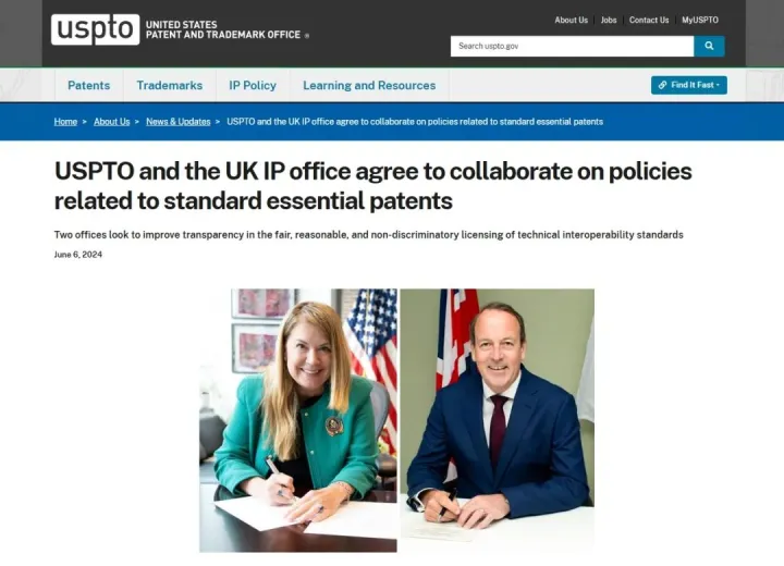重磅！美国专利商标局和英国知识产权局同意就标准必要专利相关政策开展合作